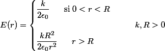 E(r) = \begin{cases} \dfrac{k}{2 \epsilon_0} ~~~~~\text{si } 0 < r < R \\\\ \dfrac{k R^2}{2 \epsilon_0 r^2} ~~~~~ r > R \end{cases}~~~~~k, R > 0